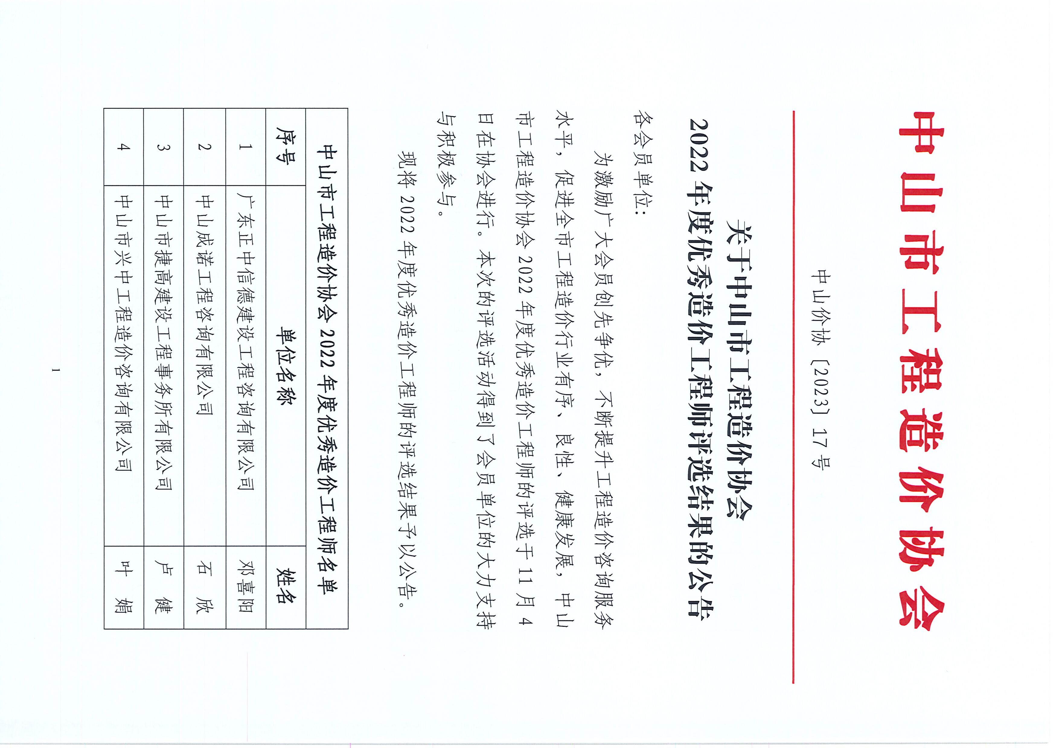 关于中山市工程造价协会2022年度优秀造价工程师评选结果的公告_页面_1.jpg